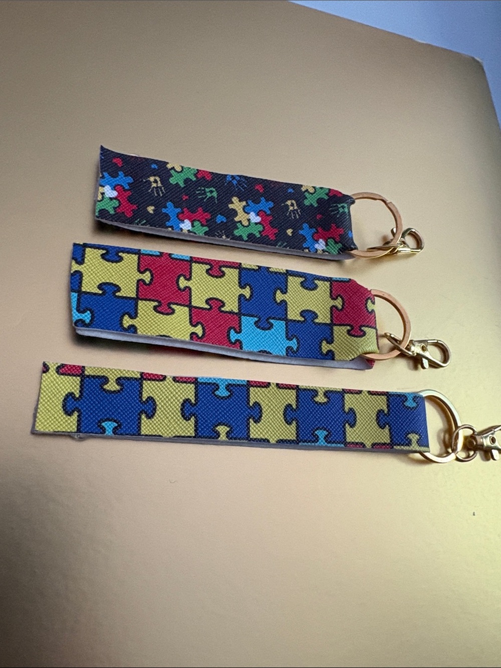 Handcrafted AutismPuzzle Print Key Fob Wristlet - Multicolor Puzzle Pattern